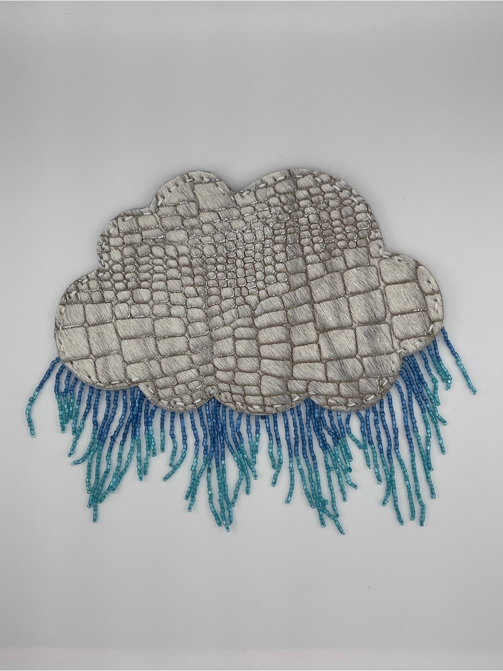 Cloud-Shaped Beaded Wallet - Silver with Blue Fringe